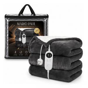 A folded dark gray heated throw blanket with a white sherpa lining and an attached white controller, shown in front of its branded retail packaging on a white background.