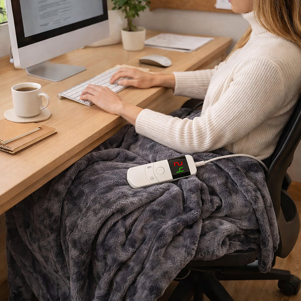 A person sitting at a wooden desk using a computer while wrapped in a dark gray heated blanket. A white remote control with a digital temperature display is resting on the blanket.