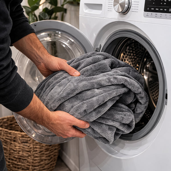 A person holding a folded gray plush fleece blanket or throw in front of a white front-loading washing machine, with a wicker basket visible at the lower left.