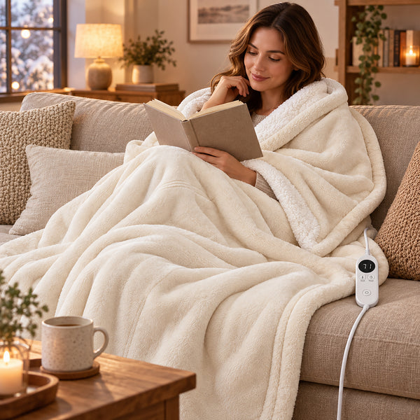 A woman sits on a beige sofa in a cozy living room, wrapped in a cream fleece blanket while reading an open book. A small white electric blanket controller with a visible digital temperature display hangs from the blanket's edge.
