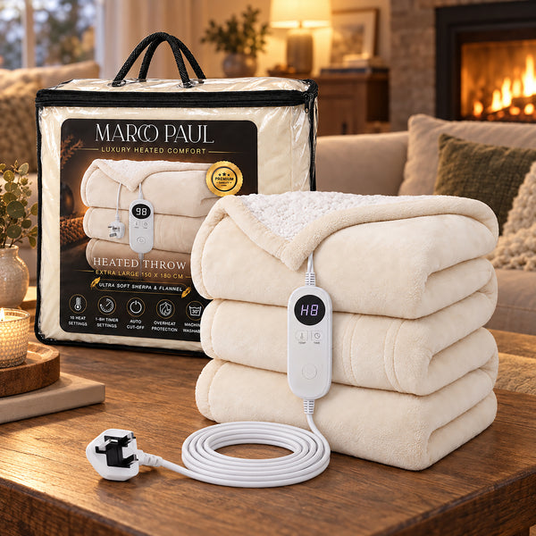 A stack of folded cream-colored heated throw blankets sits on a wooden table in a cozy living room setting, with a coiled power cord and a white digital controller in front. Behind the blankets is the product packaging for 'Marco Paul Luxury Heated Comfort' heated throw blankets.
