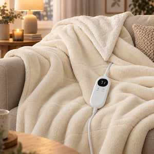 A cream-colored fleece blanket draped over a beige armchair in a cozy living room setting, with a white wired digital temperature controller attached to it.