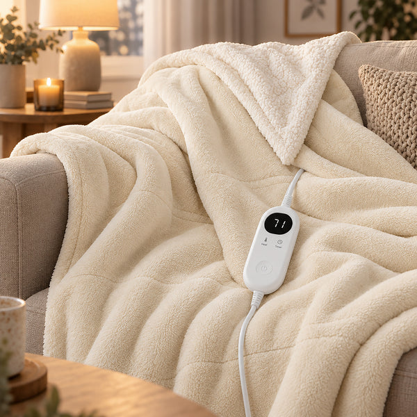 A cream-colored fleece blanket draped over a beige armchair in a cozy living room setting, with a white wired digital temperature controller attached to it.