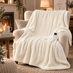 A cream-colored fleece blanket draped over a beige armchair in a cozy living room setting, with a white wired electric heater controller resting on the armrest.