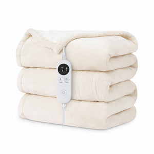 A stack of three cream-colored plush blankets with an integrated white wired remote control, shown on a solid white background.