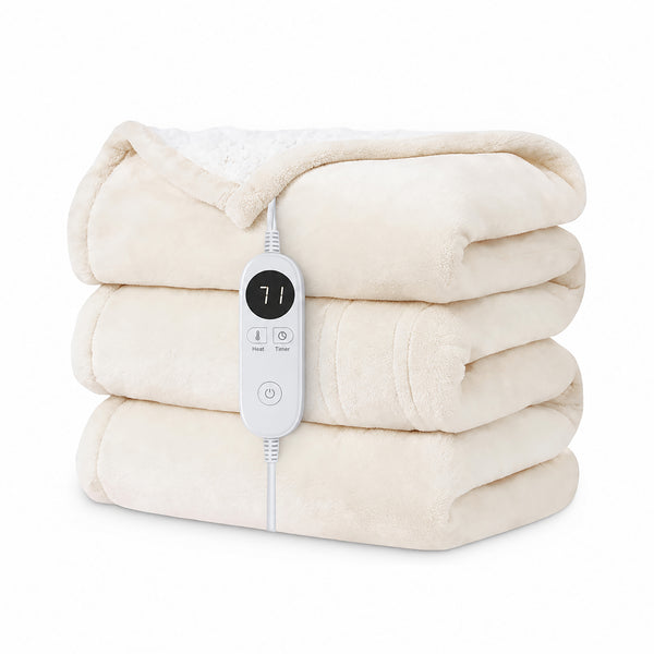 A stack of three cream-colored plush blankets with an integrated white wired remote control, shown on a solid white background.