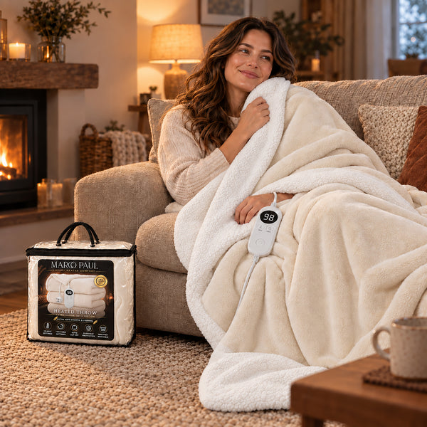 A woman sits on a beige couch in a cozy living room, wrapped in a cream-colored plush electric blanket. She holds a white remote with a digital temperature display showing 98.