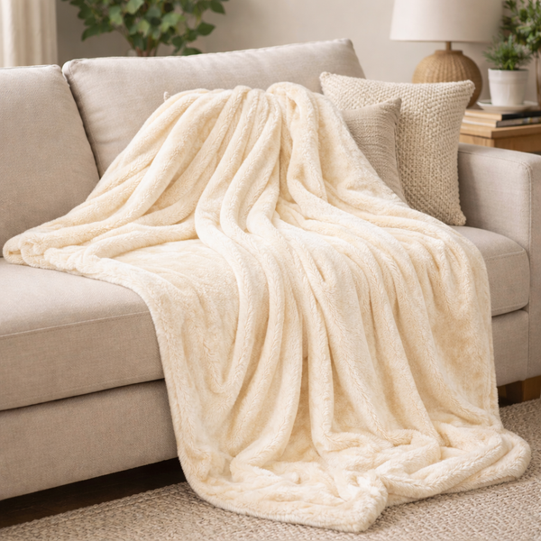 A plush cream-colored throw blanket with a soft sherpa texture draped over a light beige fabric sofa in a cozy living room setting.