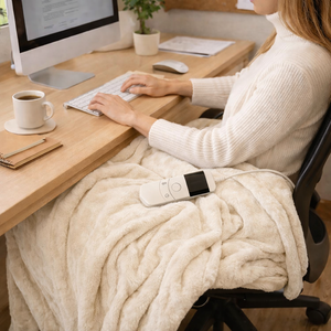 A person sitting at a wooden desk using a keyboard and computer, wrapped in a soft cream-colored fleece blanket. A white remote control rests on the blanket.