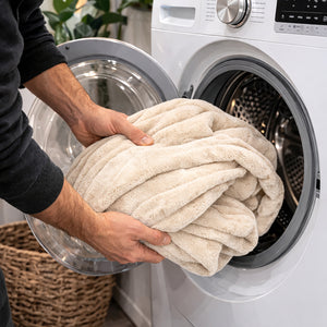 A person holds a plush cream-colored blanket or throw while loading it into a white front-loading washing machine.