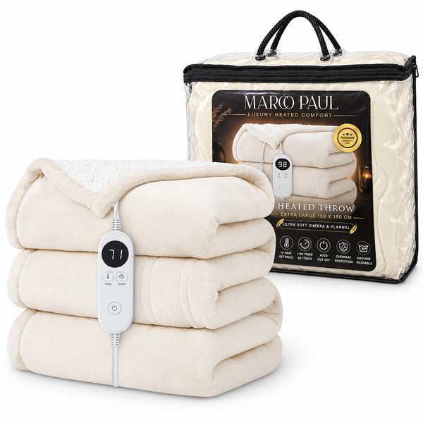 A stack of cream-colored heated throw blankets with a white digital controller in the foreground, shown next to its clear plastic packaging bag featuring the brand name 'MARCO PAUL'.