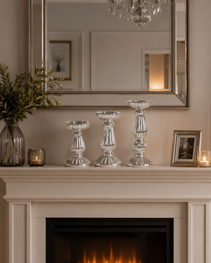 Three silver fluted candlesticks displayed on a cream fireplace mantel beneath a large mirror, with candles, a vase of greenery, and framed pictures in a warm living room setting.