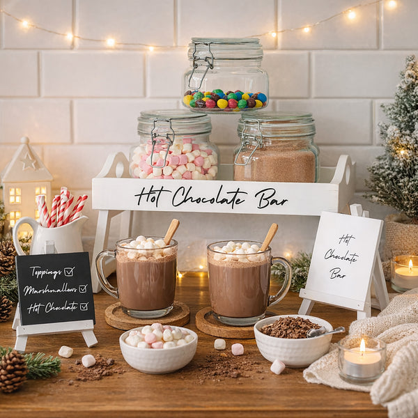 A cozy hot chocolate bar setup on a wooden table with two mugs of hot chocolate topped with marshmallows, bowls of toppings, glass jars of marshmallows and cocoa powder, and small signs reading 'Hot Chocolate Bar' in a warm holiday setting.