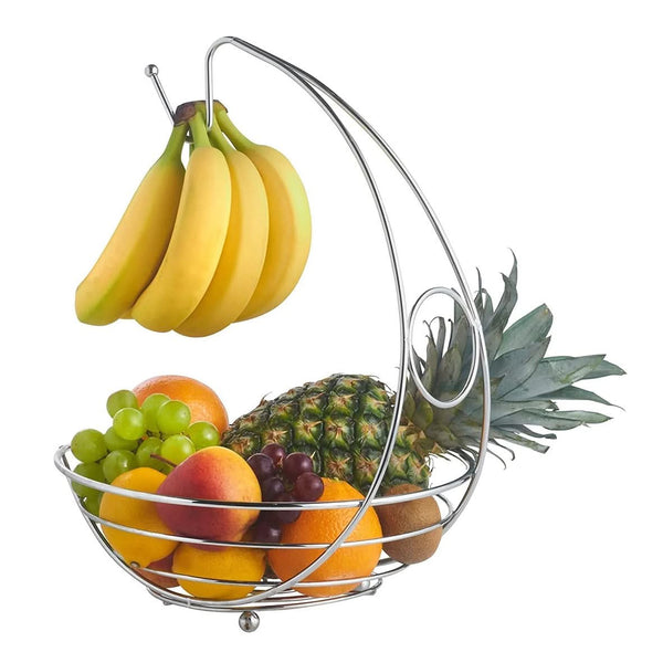 Metal fruit bowl with hanging banana hook for kitchen storage