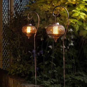 Moroccan solar stake lanterns with decorative crook design