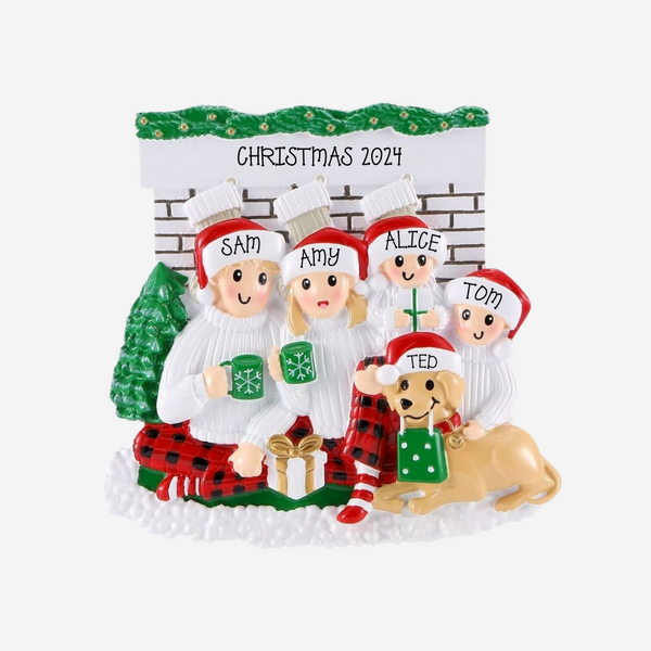 Personalized Christmas ornament with four people and a dog in festive attire against a snowy background.