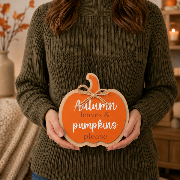 A person wearing an olive green ribbed sweater holds a decorative autumn pumpkin sign that reads 'Autumn leaves & pumpkins please' in white script and serif text on an orange background.
