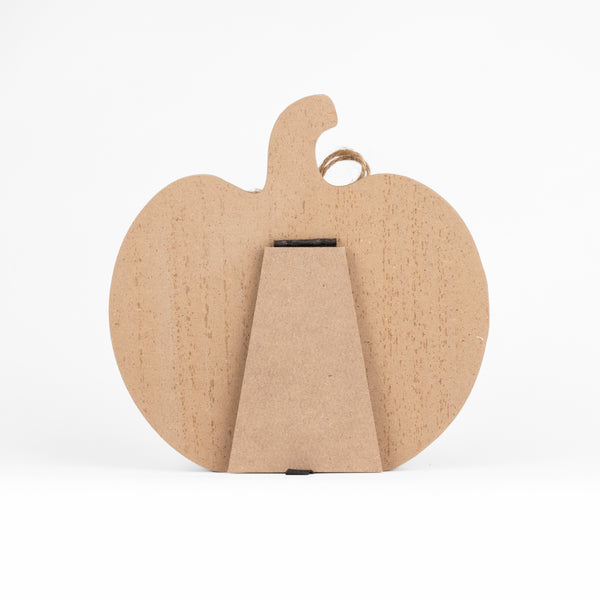 Unpainted wooden pumpkin-shaped ornament with a small hanging loop and a fold-out display stand, shown on a white background.