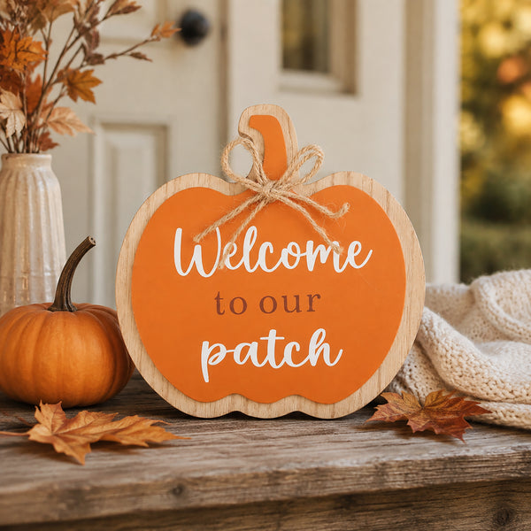 A wooden pumpkin-shaped sign with a bright orange face, natural wood edges, and a twine bow, reading “Welcome to our patch,” displayed on a rustic wooden surface with autumn leaves, a small pumpkin, and a cream knit blanket in a porch setting.