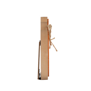 A vertical rectangular wall clock with a natural wood face, a thin orange inner frame, and a rustic jute twine bow tied on the side, shown against a plain white background.