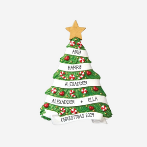 Personalized Christmas tree ornament with names and 'Christmas 2024' on a white background