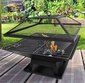 Patio fire pit with charcoal BBQ grill and spark guard