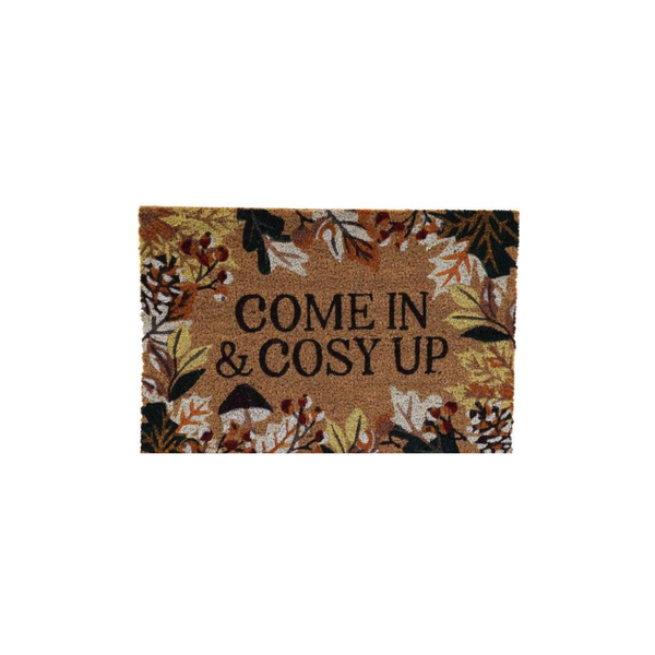 A rectangular doormat with a natural coir background and a border of autumn leaves in brown, beige, and black. The words 'COME IN & COSY UP' are printed in black in the center.