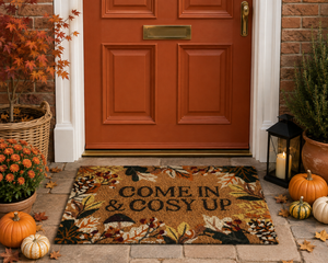 An autumn-themed doormat with the text 'COME IN & COSY UP' lies on a stone entryway in front of a rust-orange front door. The mat features a pattern of leaves, acorns, and mushrooms in earthy tones.