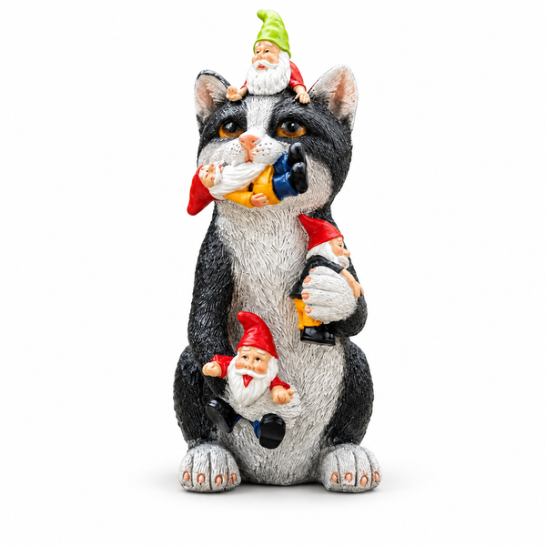 A whimsical garden statue of a black and white cat holding several small garden gnomes, set against a plain white background.