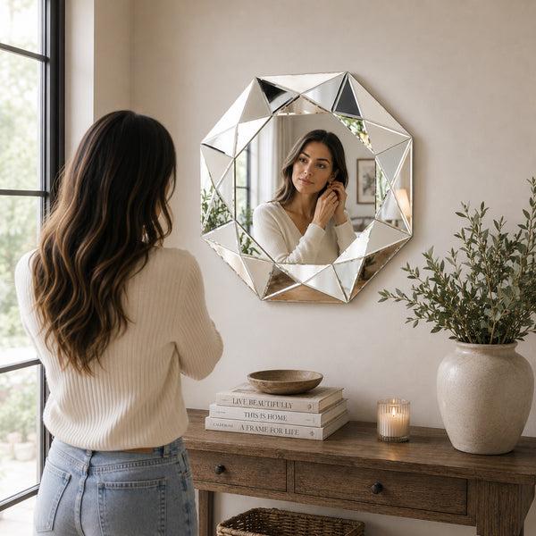 A woman stands with her back to the camera, looking at her reflection in a large geometric octagonal wall mirror hanging above a wooden console table in a softly lit room.