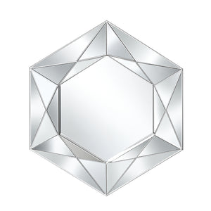 A hexagonal wall mirror with a faceted, geometric frame resembling a gemstone, shown on a solid white background.