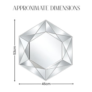 A hexagonal faceted mirror with approximate dimensions labeled as 53cm tall and 45cm wide on a white background.