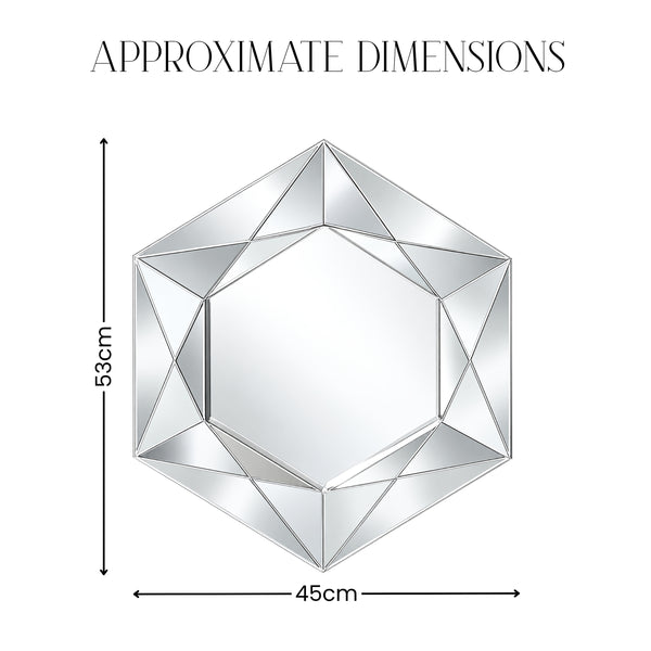 A hexagonal faceted mirror with approximate dimensions labeled as 53cm tall and 45cm wide on a white background.