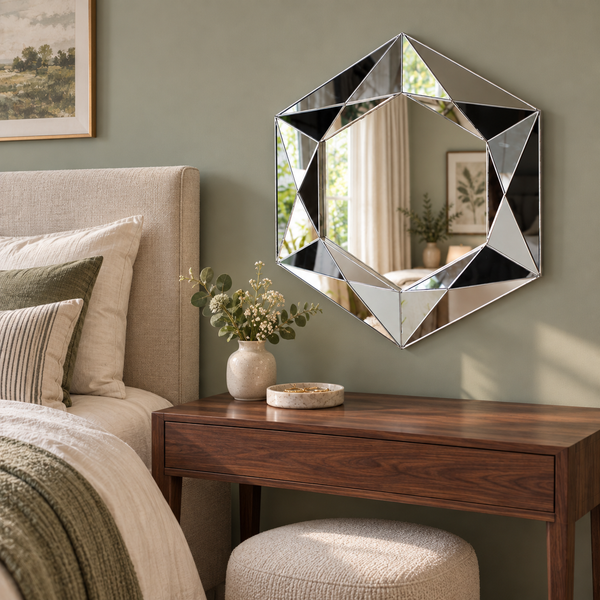 A geometric hexagonal wall mirror with a silver frame hangs above a dark wood nightstand in a styled bedroom setting.