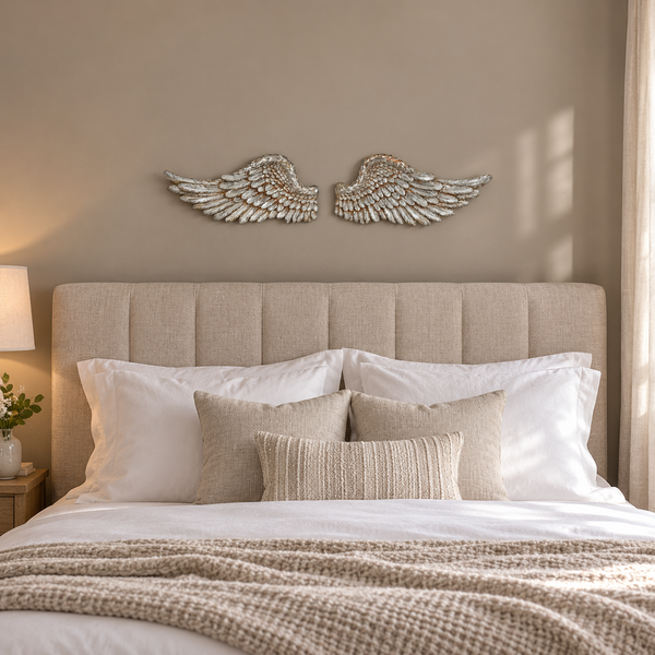 A pair of distressed silver angel wings wall art mounted on a CREAM wall above a bed