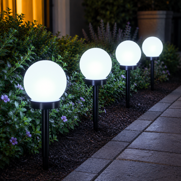 Four glowing spherical solar garden lights mounted on black stakes along a stone walkway in a landscaped garden at night.
