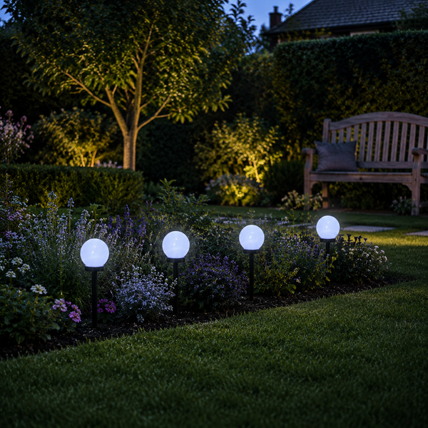 Four glowing round solar garden lights on black stakes, illuminating a landscaped lawn with flowers, trees, and a wooden bench in a backyard at dusk.