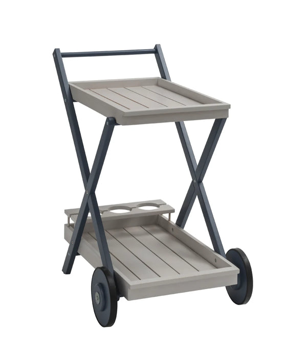 Two-tiered outdoor cart with a gray top and beige bottom on a white background