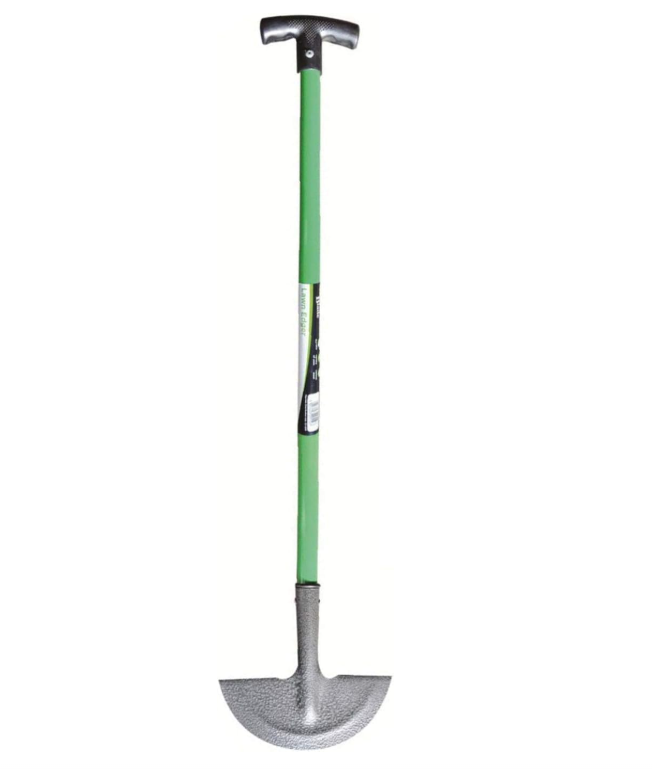 A garden edger tool with a green handle and a silver steel head designed for digging or removing earth.