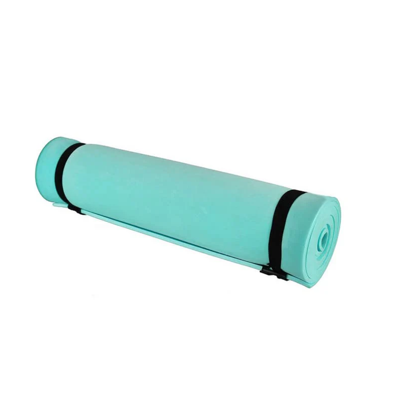A rolled-up blue sleeping pad with a black carrying strap.