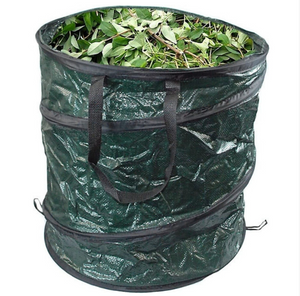 Green garden waste bag filled with leaves on a white background