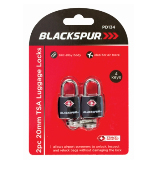 Blackspur 2pc TSA Luggage Locks packaging with red background