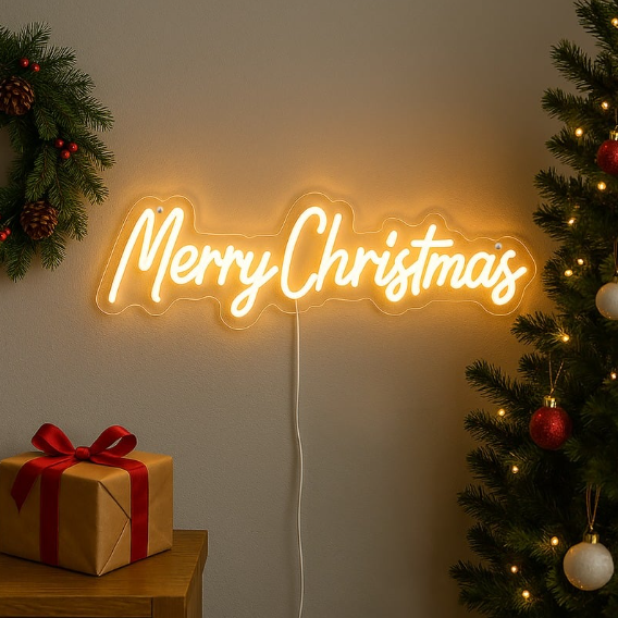 Neon 'Merry Christmas' sign with a Christmas tree and gift box on a warm-toned background