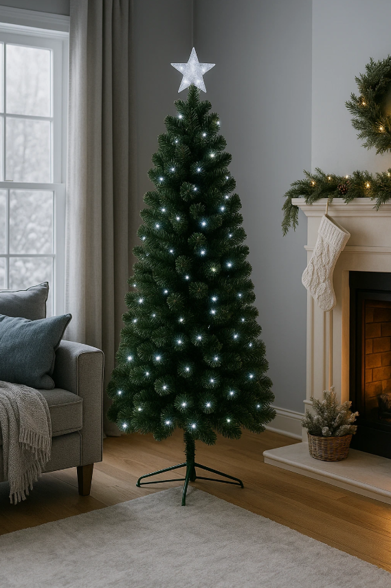 Decorated Christmas tree with lights in a living room setting.