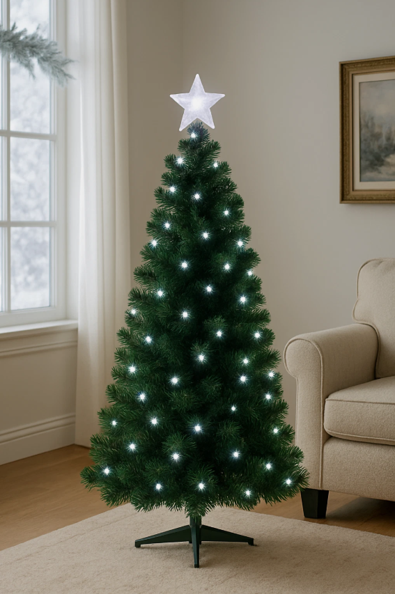 Decorated Christmas tree with lights and a star on top in a living room.
