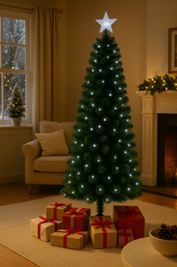 Decorated Christmas tree with lights in a living room setting.