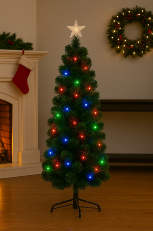 Decorated Christmas tree with colorful lights in a festive room setting.