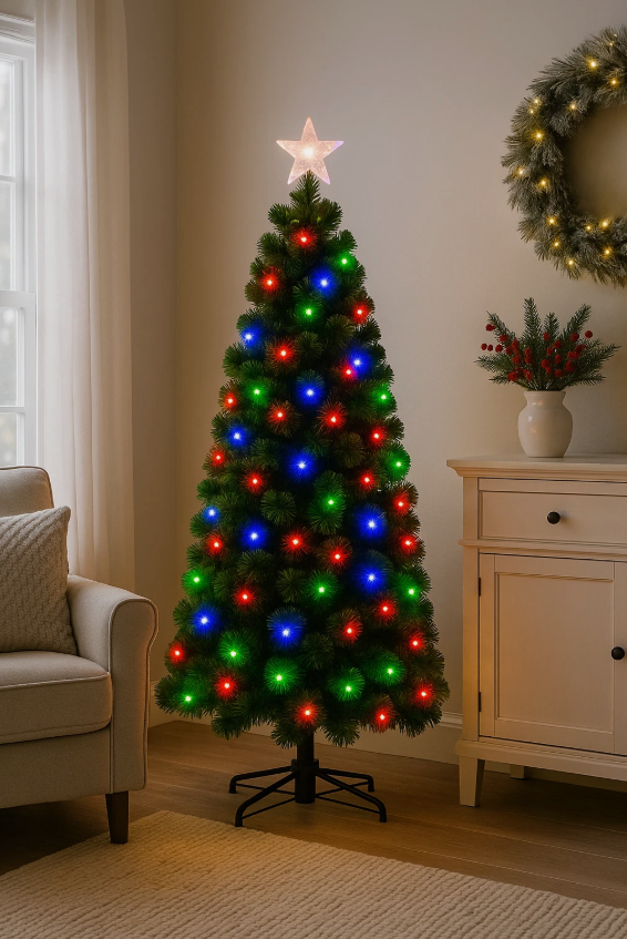 Decorated Christmas tree with colorful lights in a living room setting.