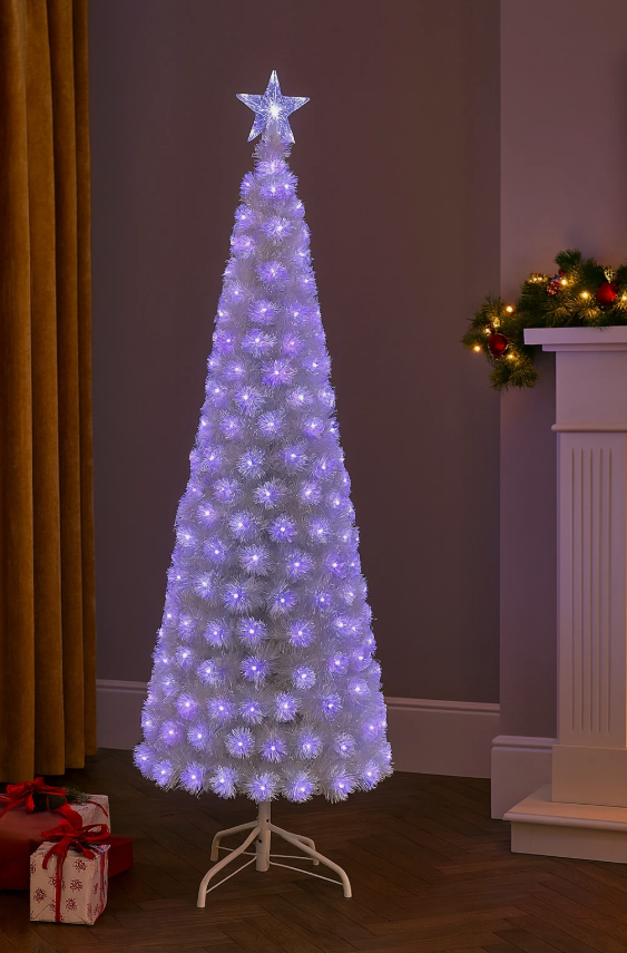 Decorative Christmas tree with purple lights in a room setting.