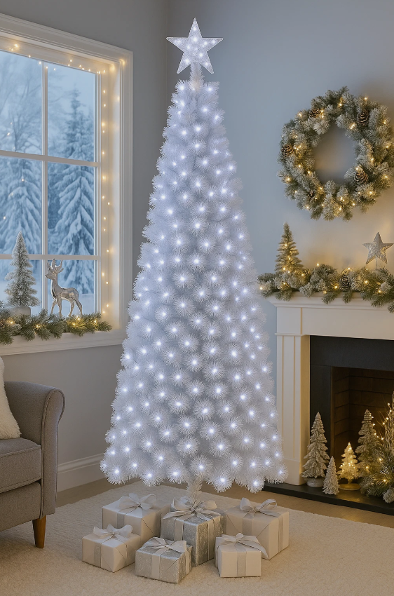 White Christmas tree with lights and a star on top in a room with a fireplace and window.
